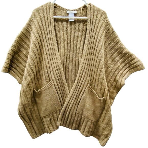 COCOGIO Camel Cardigan Wool Alpaca Blend Poncho Cable Knit Open Sweater Italy - Picture 1 of 5